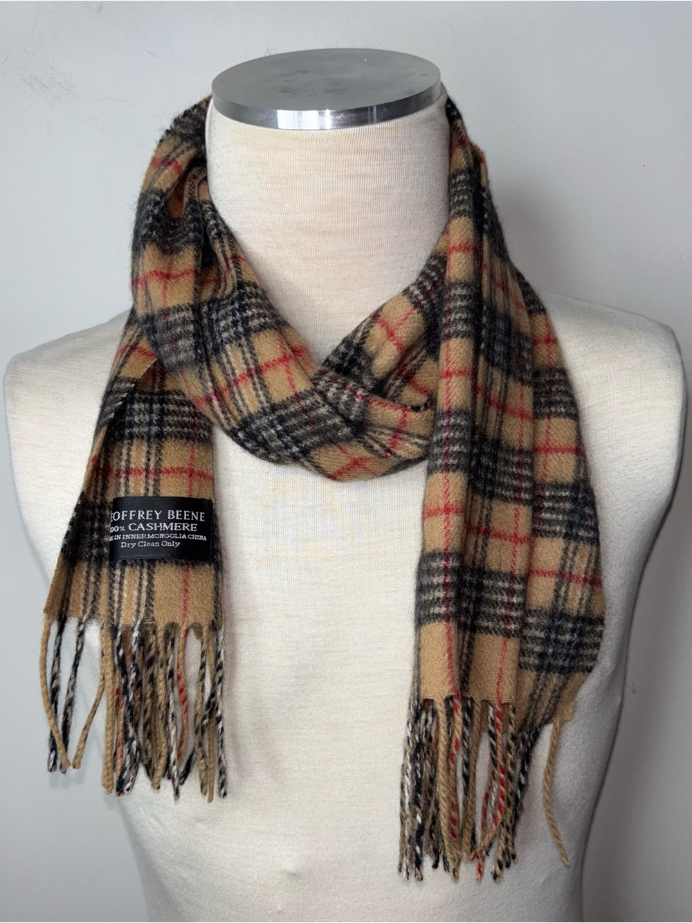 Geoffrey Beene 100% Pure Cashmere Scarf Brown Plaid Fringe Inner Mongolia - Picture 6 of 7